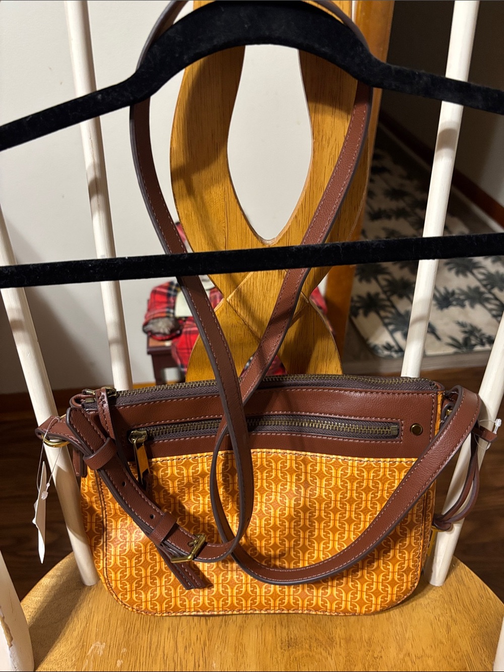 Fossil Orange Patterned Crossbody with Brown Leather Trim